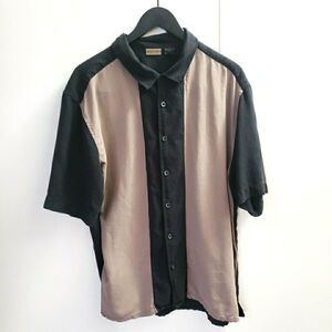 Axist Shirt Mens XL Black Washable Silk Short Sleeve Button Front Camp Striped